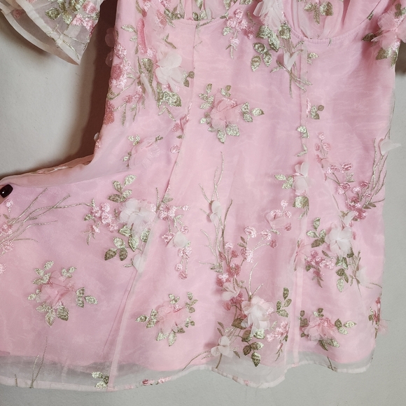 Sugar Thrillz 3D Floral Pink Green Puff Sleeve Mini Dress Size 1X Fairy Coquette - Picture 16 of 16